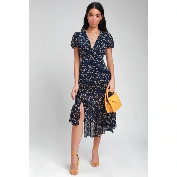 Lulus Petals and Poetry Navy Blue Floral Print Ruffled Midi Dress Size Small - Picture 1 of 14
